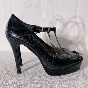 Anne Michelle Black Skinny Heel Platform Peep Toe T Strap Heels 8.5